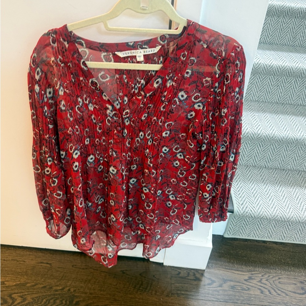 Veronica Beard Red Floral Button-Front V-Neck Blouse